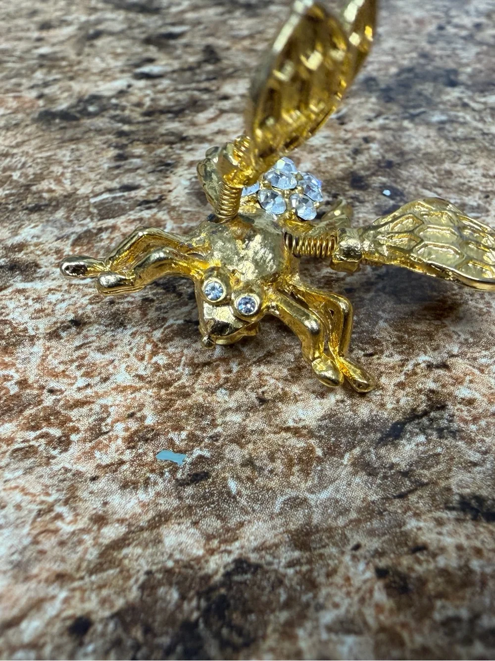 Vintage Trembler Bug Brooch Gold Tone Rhinestone Moving Wings Insect Pin
